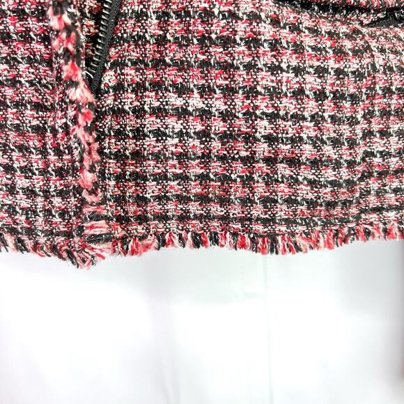 WHBM Red Black Tweed Fringe Moto Style Asymmetrical Zip Blazer Jacket Size 4 - Picture 13 of 16